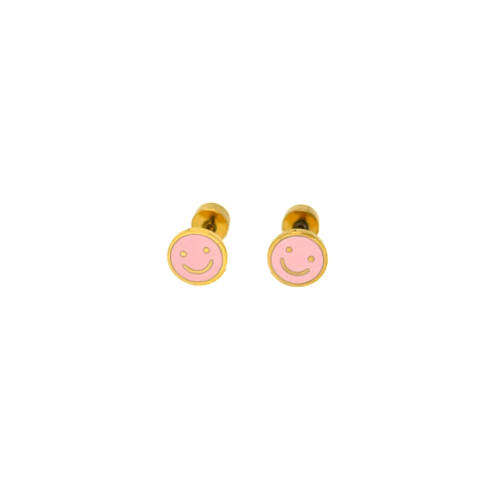 Kids-size smiley face stud earrings with screw backs. Gold plated stainless steel.