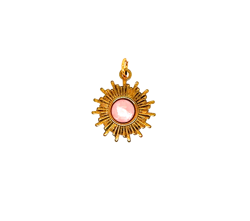 Small gold-plated starburst pendant with pink crystal center – 1/2-inch charm necklace, perfect gift for her.