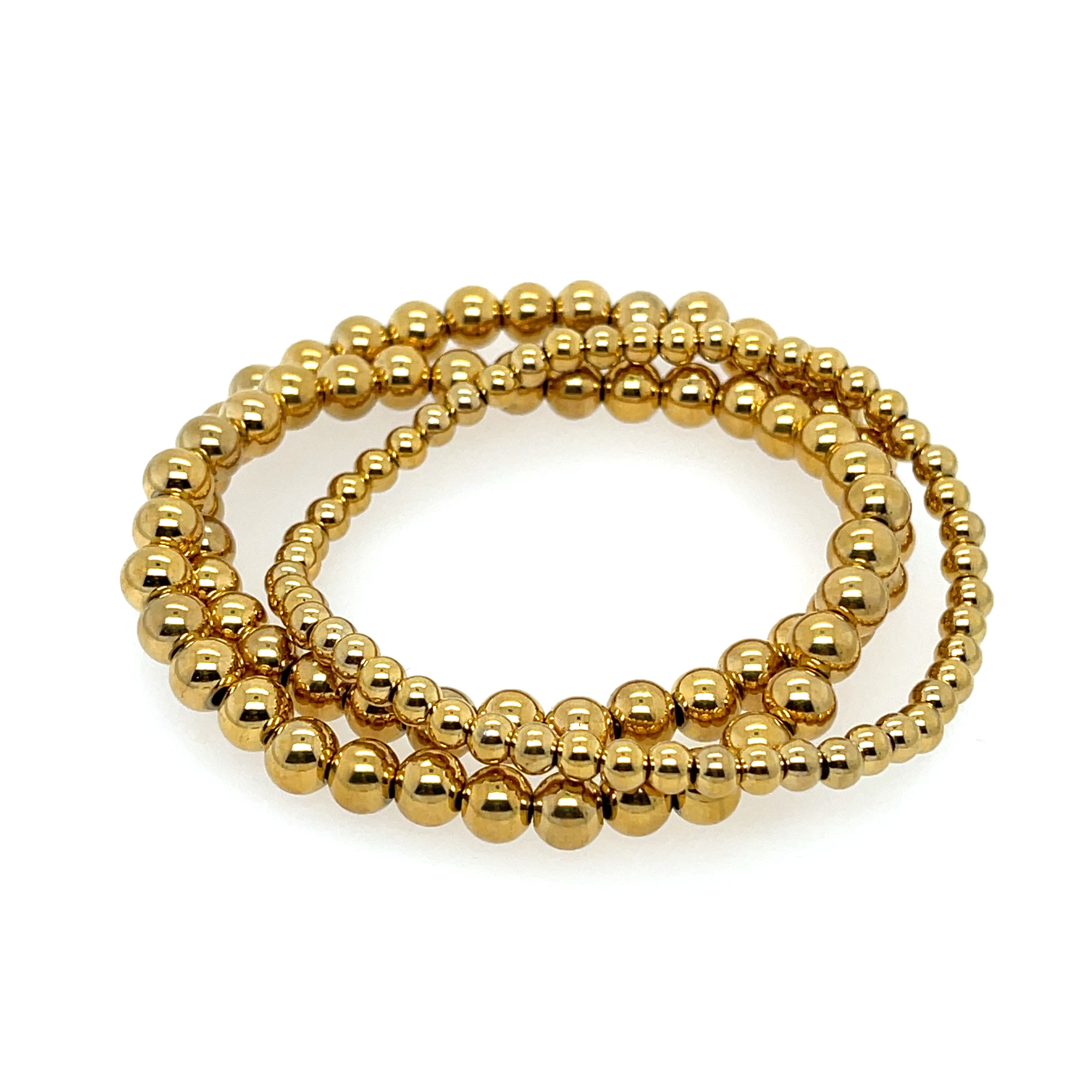 Luxury gold-plated stainless steel beaded bracelet set for women – includes two 6mm and one 4mm bracelets for a refined stacked look