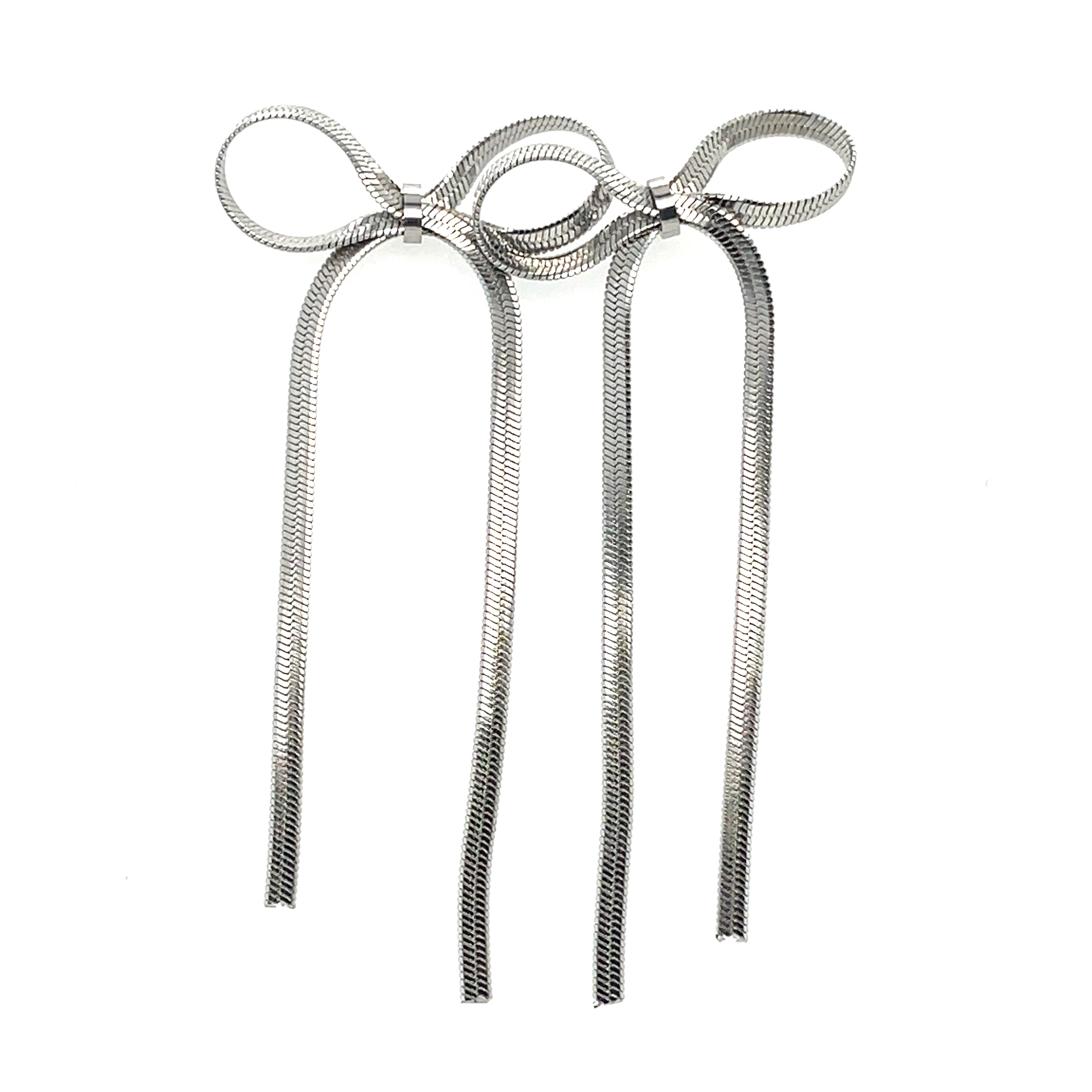 Glamorous 3.5-inch rhodium plated bow tie earrings with high-shine finish for bold elegance.
Perfect statement accessory for evening wear, parties, or formal occasions.