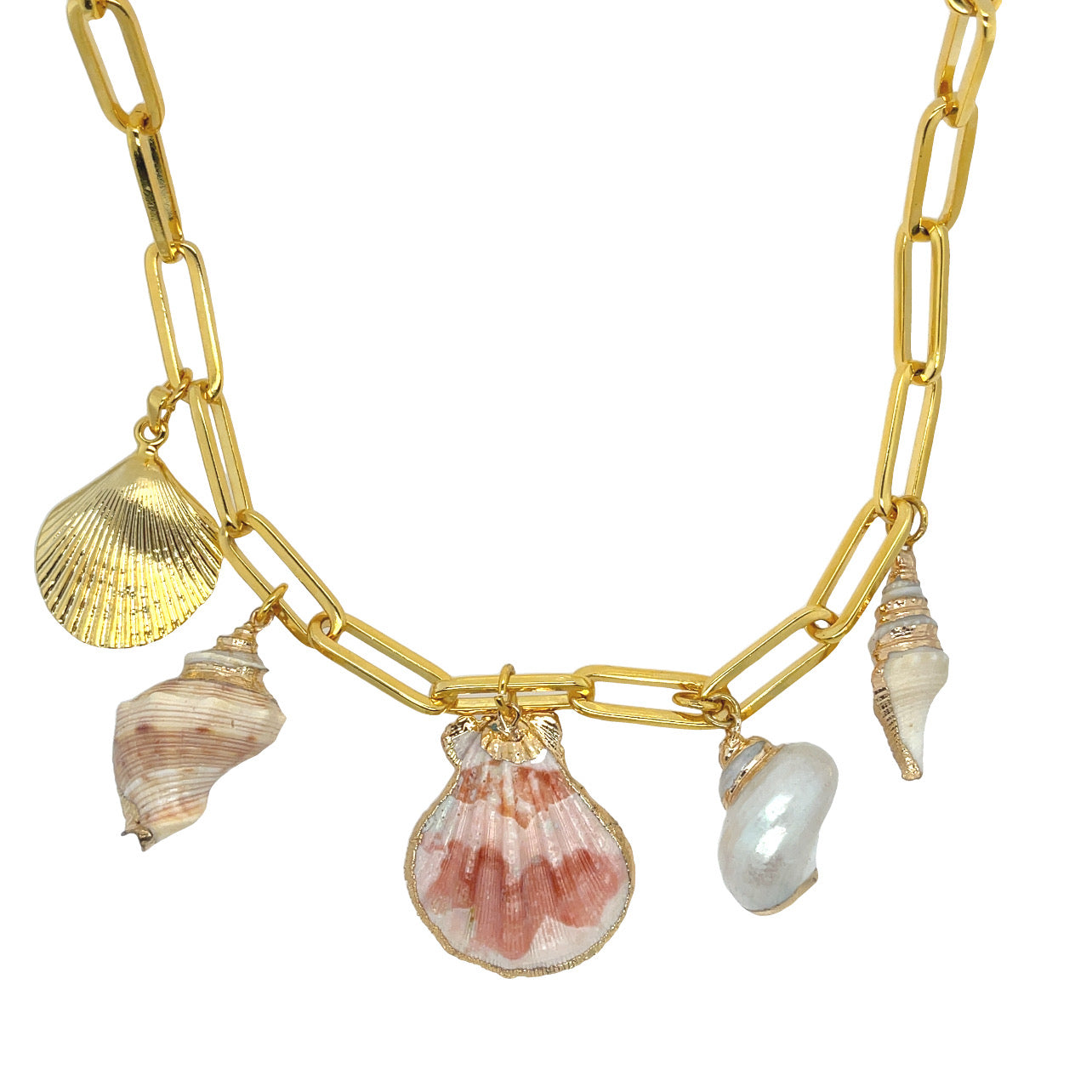 16-inch gold-plated stainless steel paperclip chain necklace with five 2-inch shell pendants – coastal-inspired statement jewelry for women