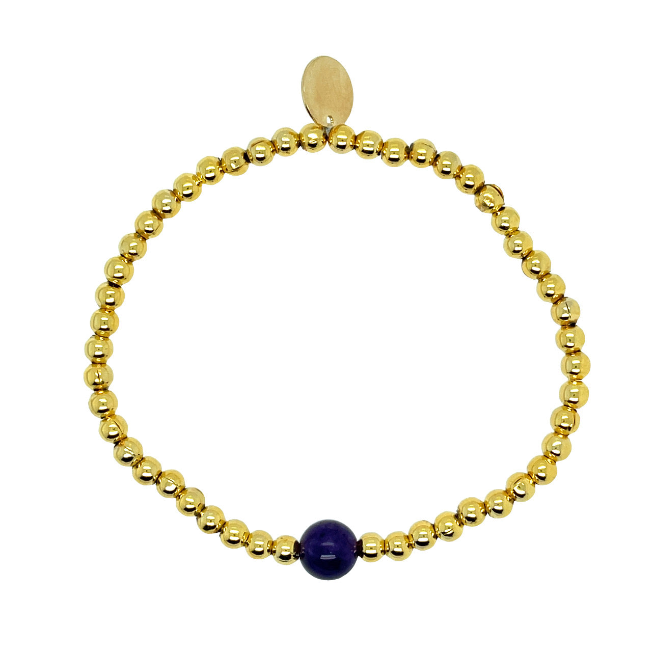 February Amethyst birthstone bracelet with 4mm gold-plated stainless steel beads – stackable elegant women’s jewelry