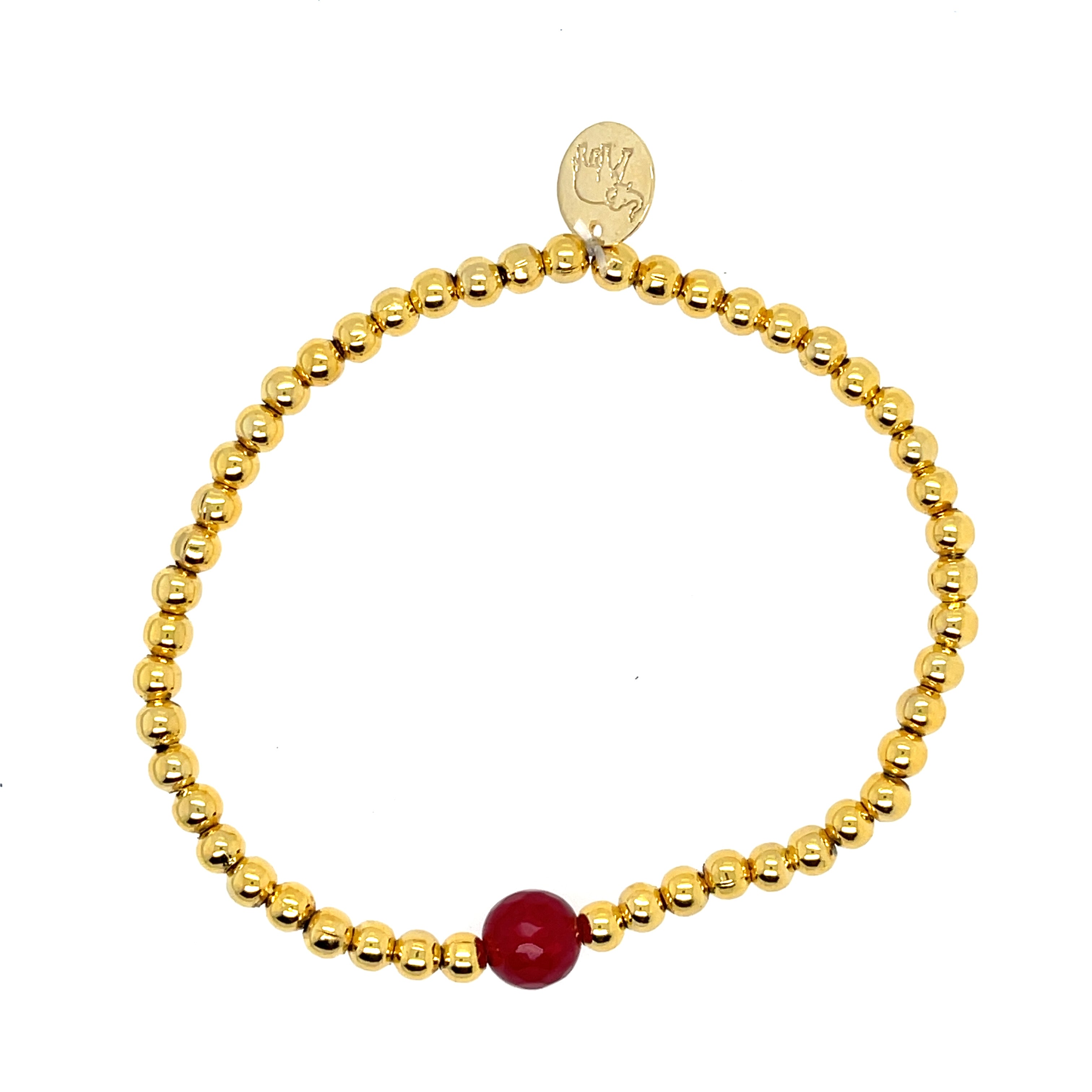 Gold-plated stainless steel bracelet with 4mm beads and a January Garnet birthstone center – elegant personalized jewelry for women