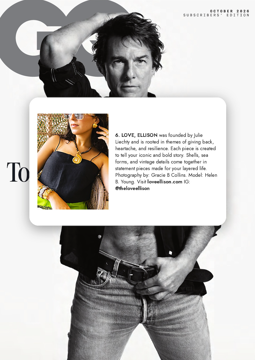 GQ October 20206magazine cover featuring a black-and-white portrait of Tm Cruise in a black shirt and jeans, with a white text panel overlaid in the center showing an article about jewelry. The GQ logo is visible at the top left.