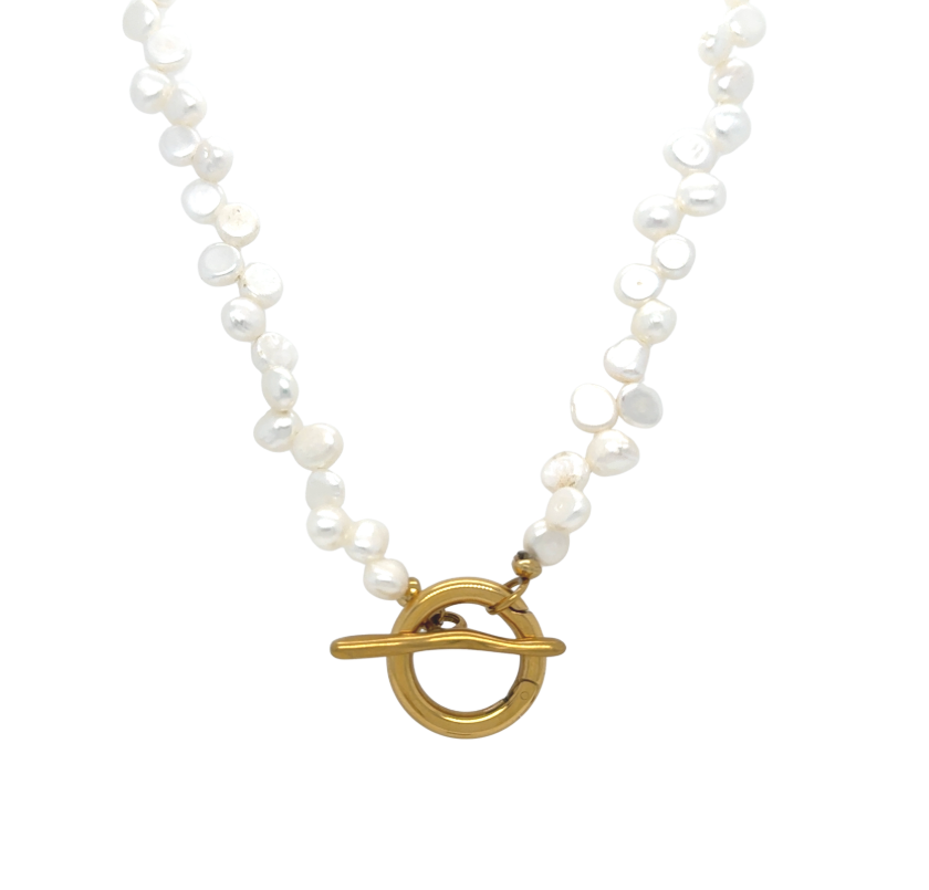 Pearl necklace on white background