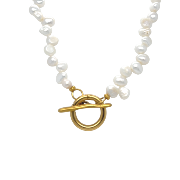 Pearl necklace with gold clasp on white background.