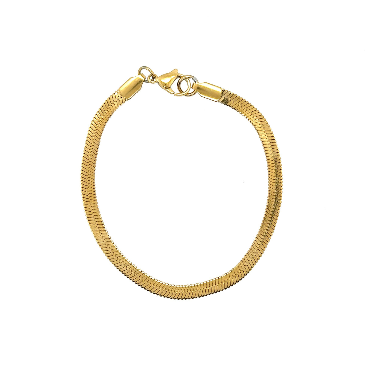 A gold-colored snake chain bracelet isolated on a white background