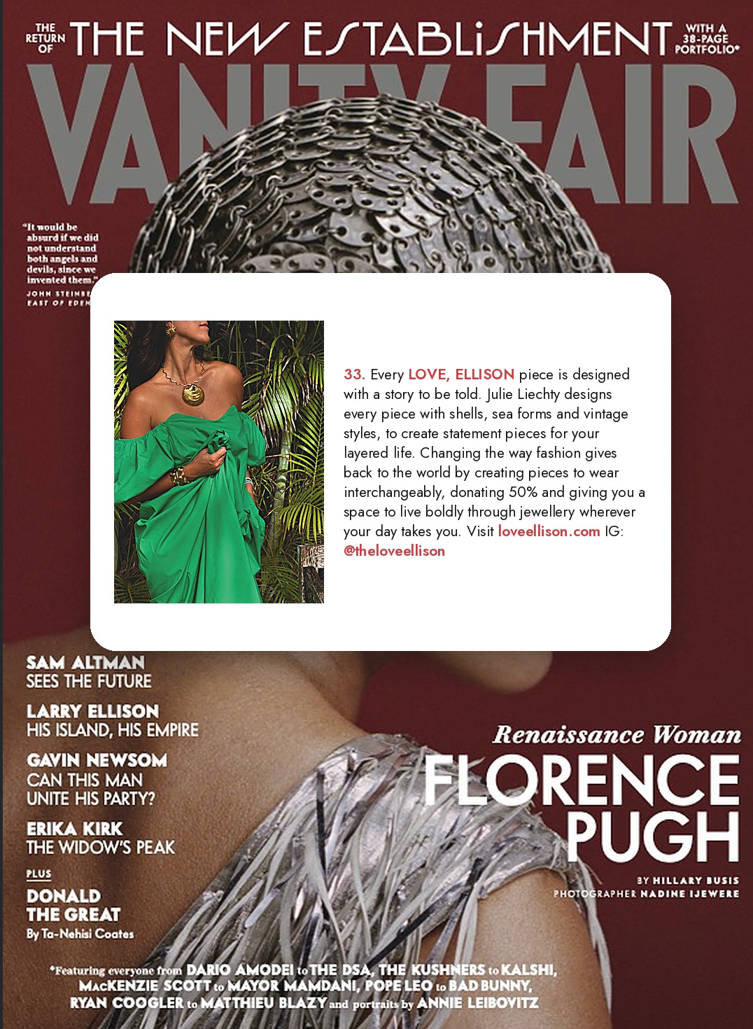 Love, Ellison in British Vanity Fair November issue. Featuring our Maris Pendant, Marilla Bracelet, and Soleil Earrings.