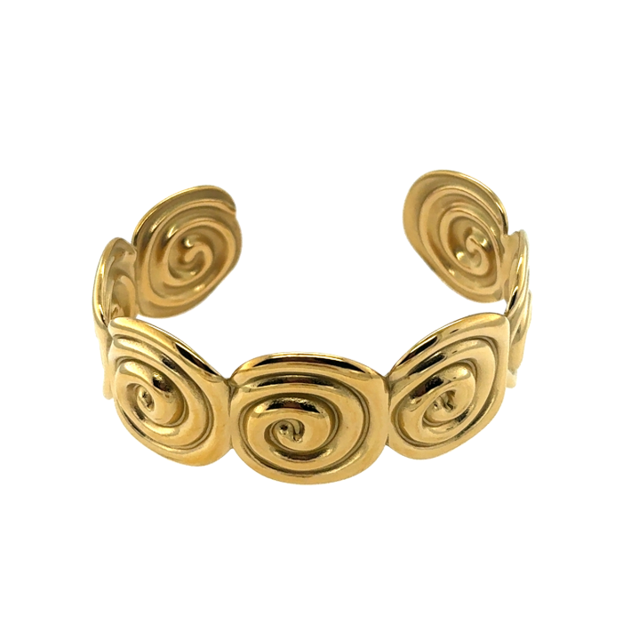 Gold spiral bracelet on a white background