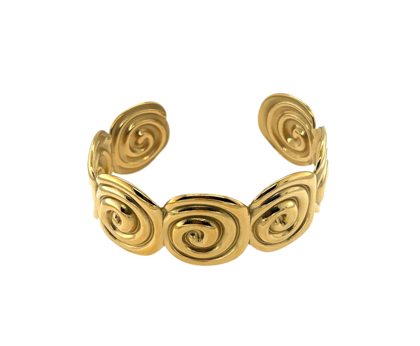 Gold spiral bracelet on a white background