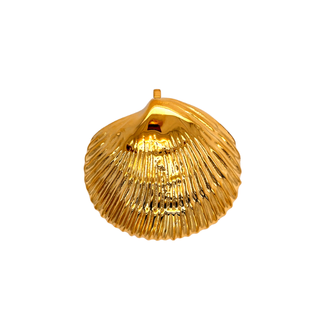 Maris gold plated stainless steel shell clasp pendant, 3x3 inch ocean-inspired jewelry with 1-inch hidden back clasp, summer necklace evoking quiet strength and sea elegance