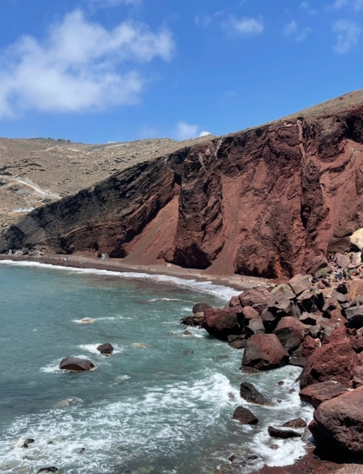 Visit the dramatic Red Sand Beach in Santorini, known for its volcanic cliffs and unique beauty.