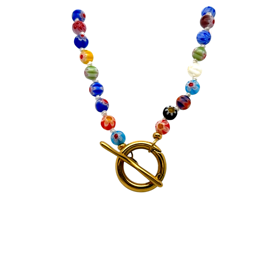 Necklace with multicolored beads and a gold clasp on a white background