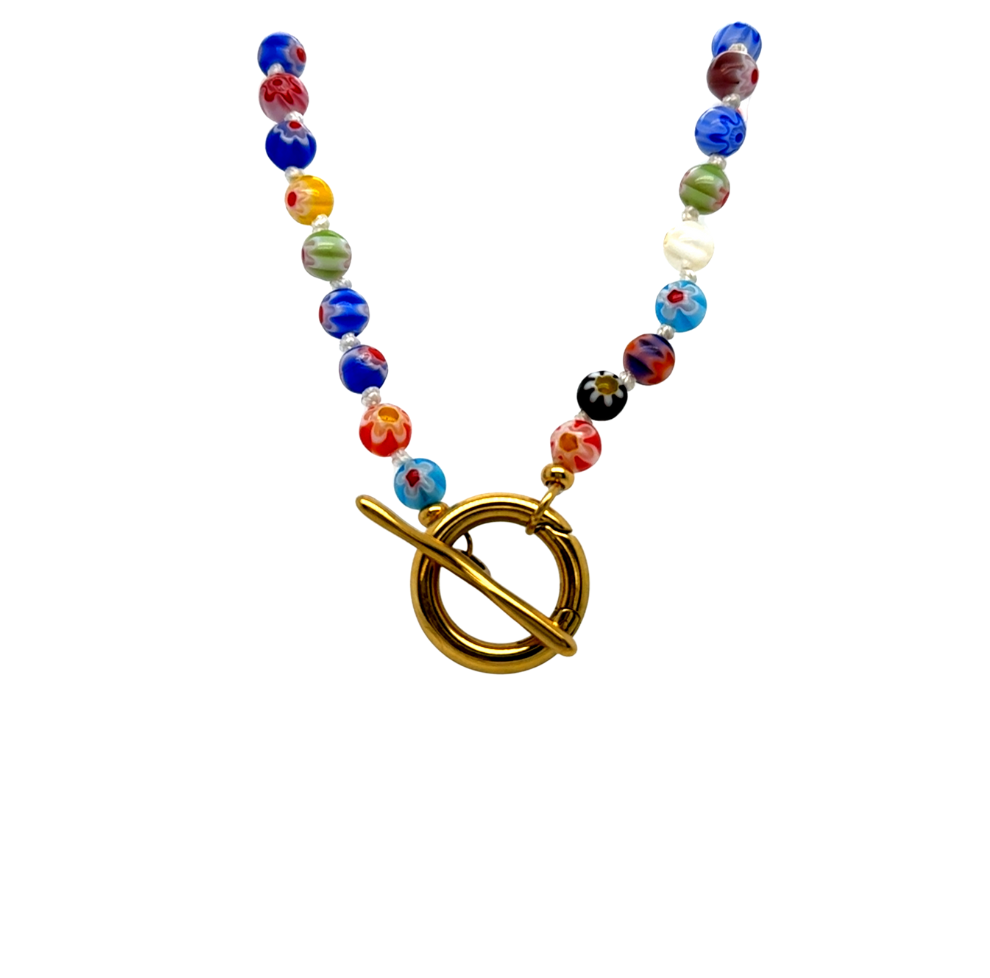 Necklace with multicolored beads and a gold clasp on a white background