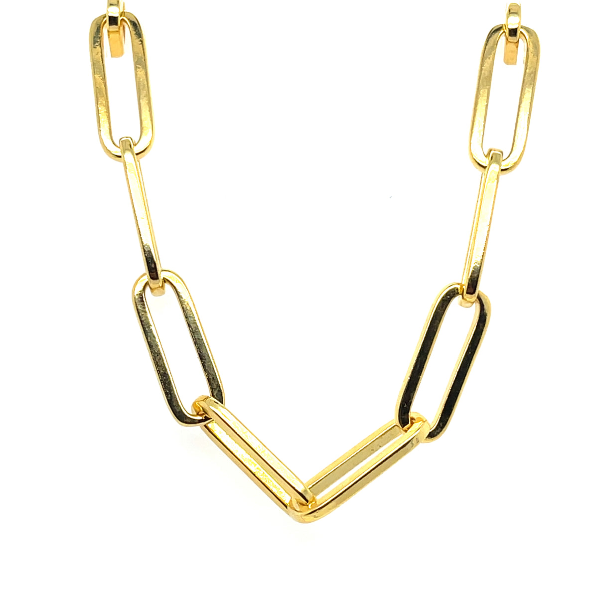 A gold-plated paperclip chain necklace with a length of 22 inches.