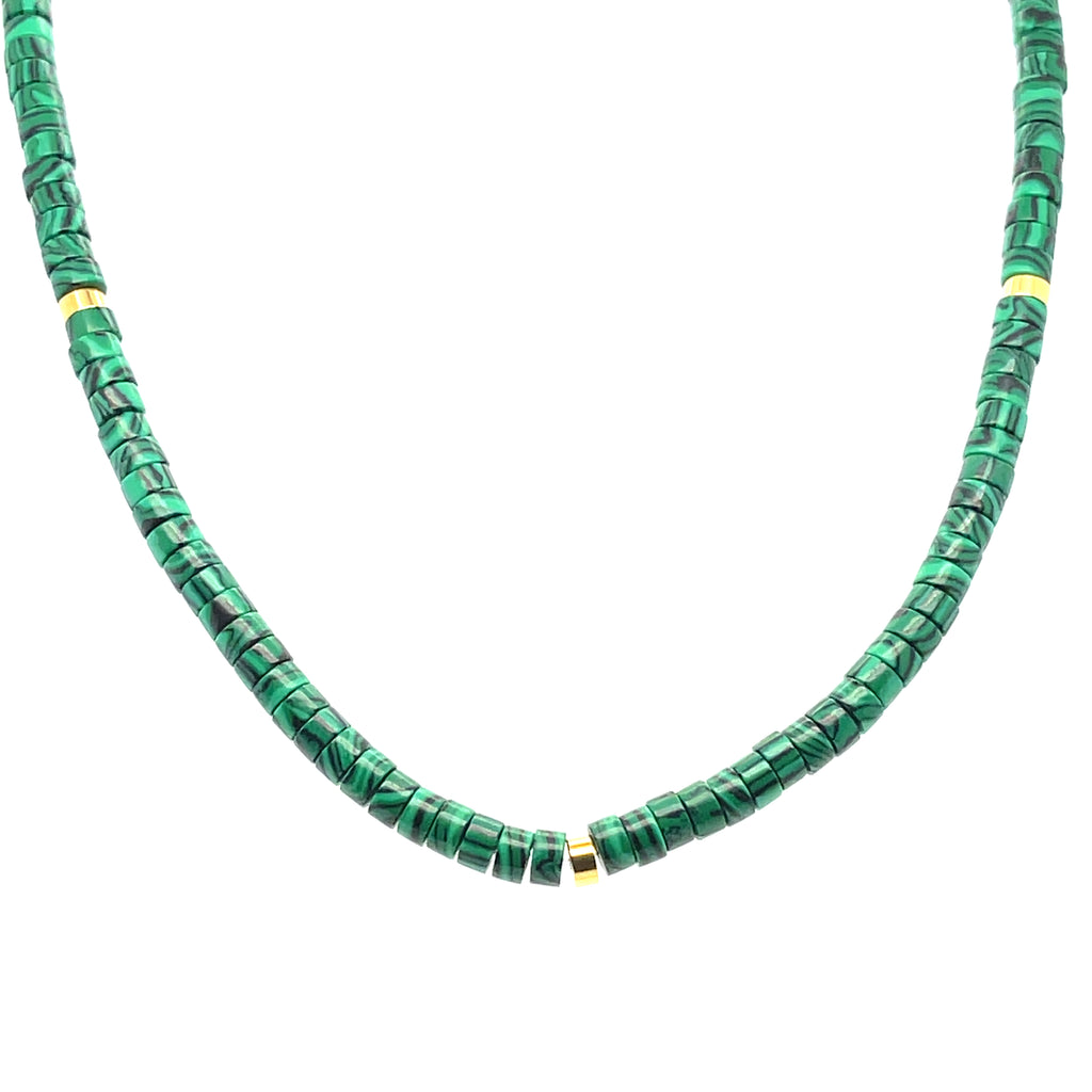 Green malachite necklace with gold plated spacer beads. The necklace is 16 inch long plus 2 inch extender.