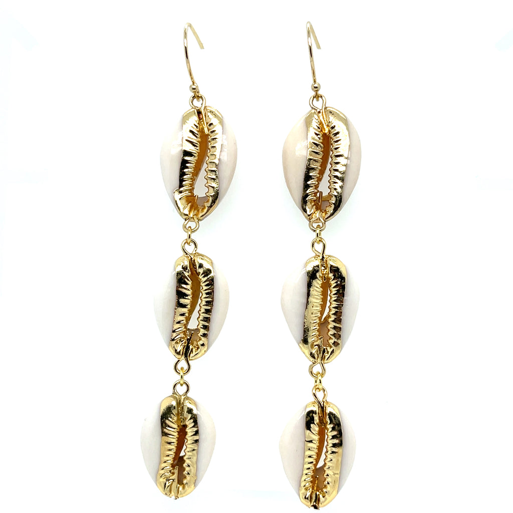 Three cowrie shell earrings gold dipped. 