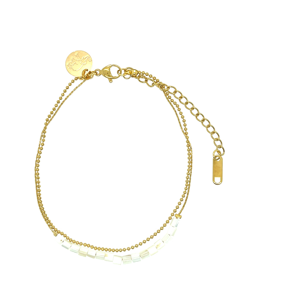 18k Gold plated stainless steel braclets with shell bead accents. 