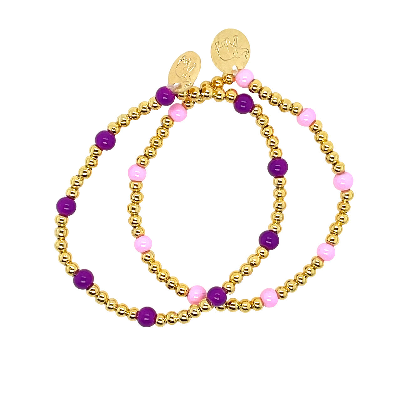 2-inch gold-plated stainless steel ball bead bracelet stack with pink and purple accent beads – elegant layered jewelry for kids