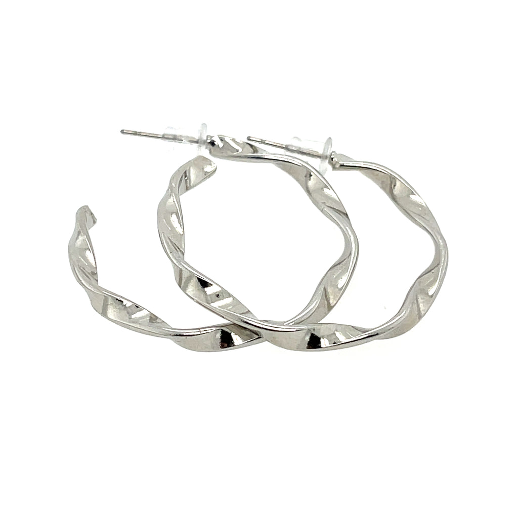 Chic 1.5-inch rhodium plated twisted earrings with a sleek, high-polish finish for modern elegance.
