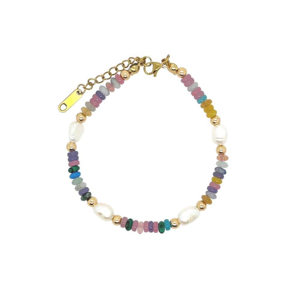 Multicolored beaded bracelet with gold accents on a white background