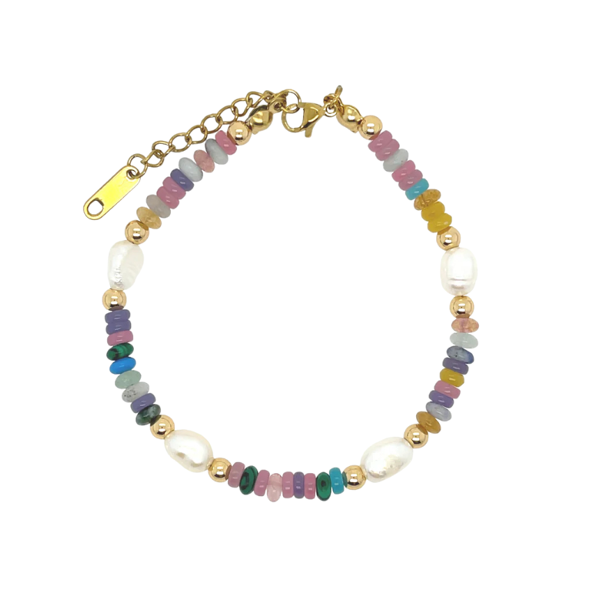 Multicolored beaded bracelet with gold accents on a white background