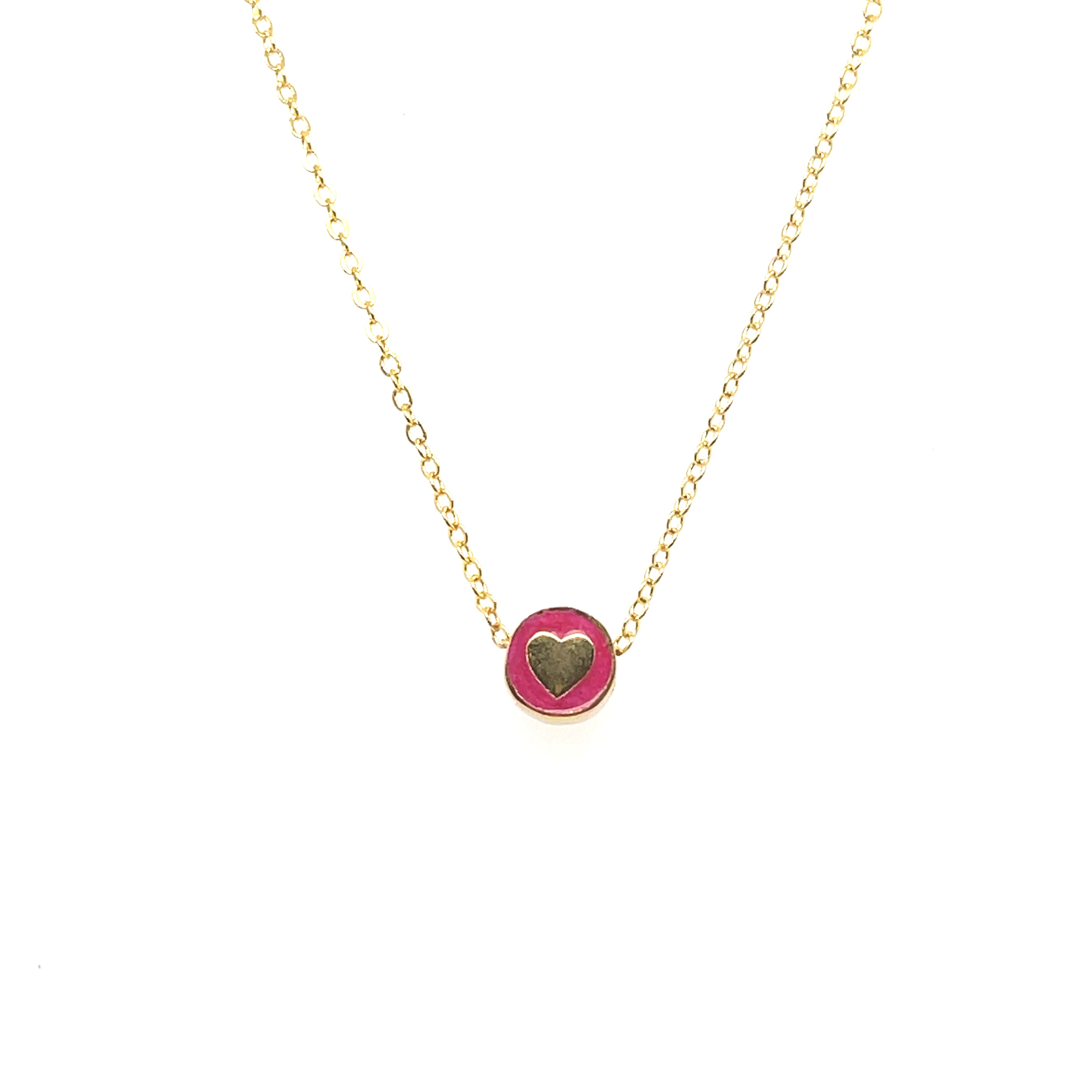 Gold-plated 15-inch necklace with 0.25-inch circular pendant featuring heart design – delicate and romantic jewelry for women