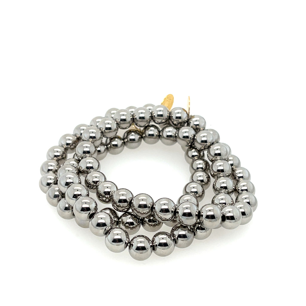 Set of three 8mm silver stainless steel beaded bracelets, 3.25in diameter – modern stackable jewelry for everyday style
