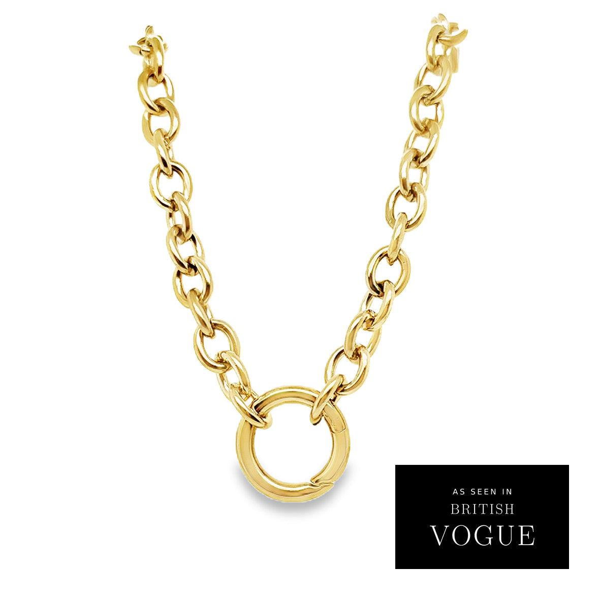 Celia Necklace – chunky gold chain link necklace with a round clasp, as seen in British Vogue