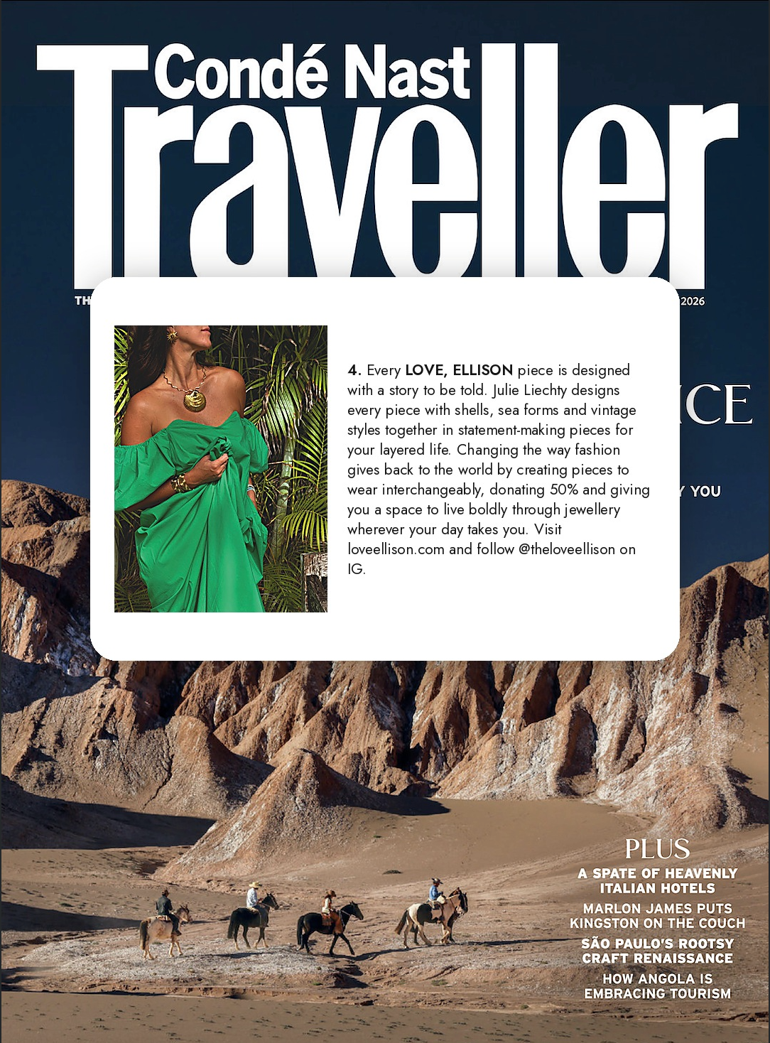Love, Ellison in Conde Nast Traveller November issue. Featuring our Maris Pendant, Marilla Bracelet, and Soleil Earrings. 