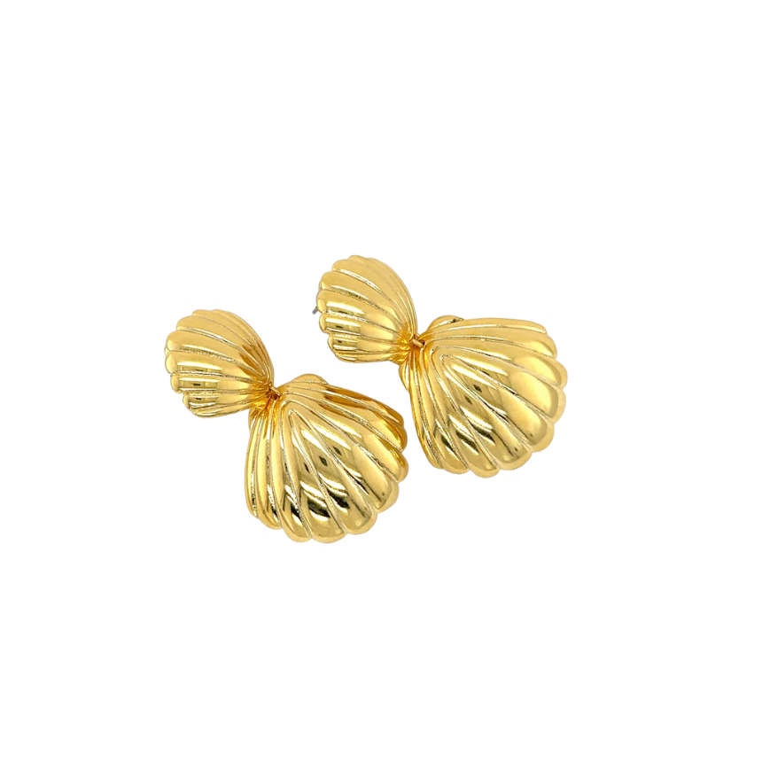 Gold shell-shaped earrings on a white background