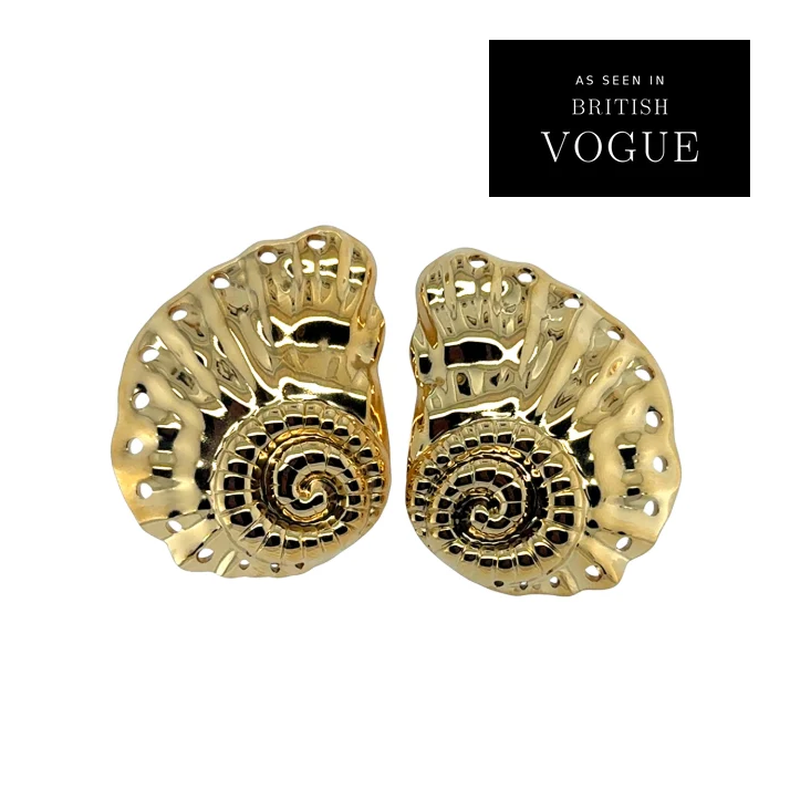 Corentine Earrings – gold finished spiral shell statement earrings, as seen in British Vogue