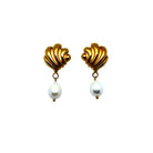 A pair of vintage-inspired earrings with gold-colored shells and dangling white pearls.