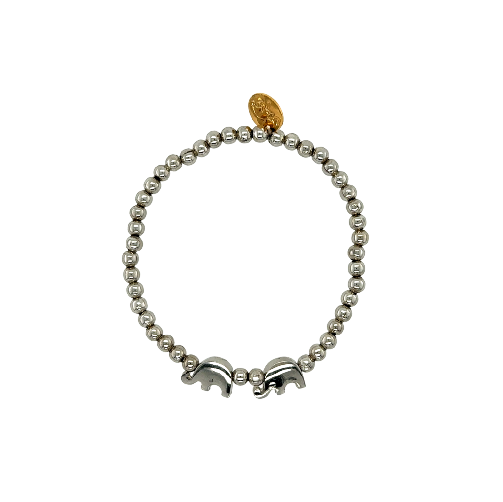 Bracelet with silver beads and elephant charms on a white background