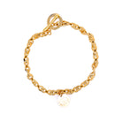 Gold plated stainless steel bracelet with 3-inch diameter and 8-inch length, fits up to 7-inch wrist.
Durable and elegant design—perfect everyday accessory or thoughtful gift for her.
