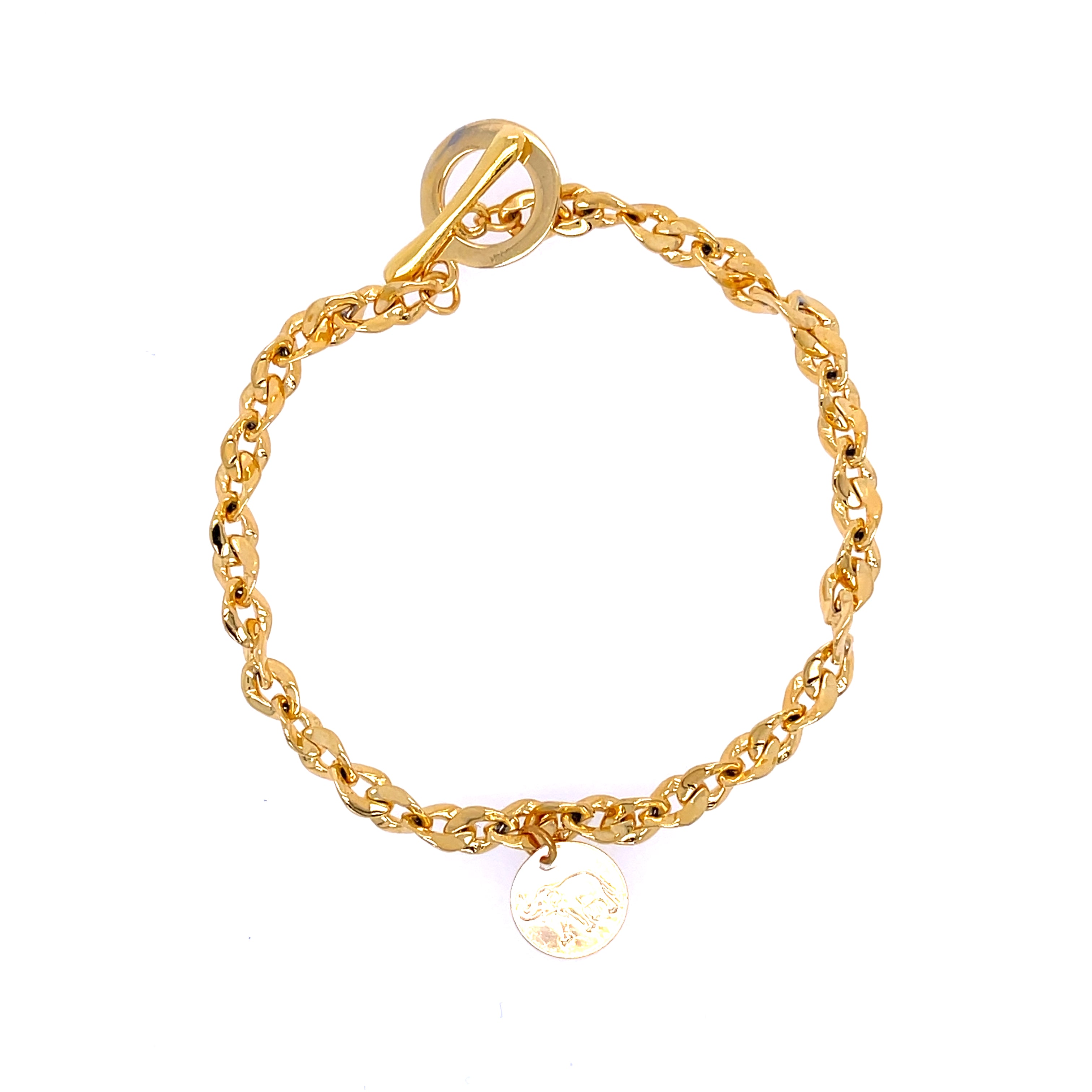 Gold plated stainless steel bracelet with 3-inch diameter and 8-inch length, fits up to 7-inch wrist.
Durable and elegant design—perfect everyday accessory or thoughtful gift for her.