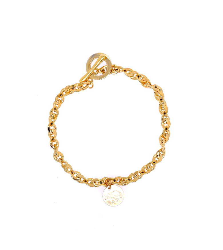3 inch diameter and 8 inch length 14K gold finished stainless steel bracelet. 7 inch diameter.