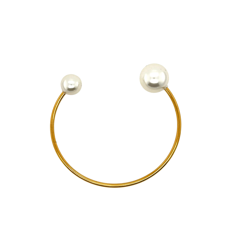 Gold hoop earring with two pearls on a white background