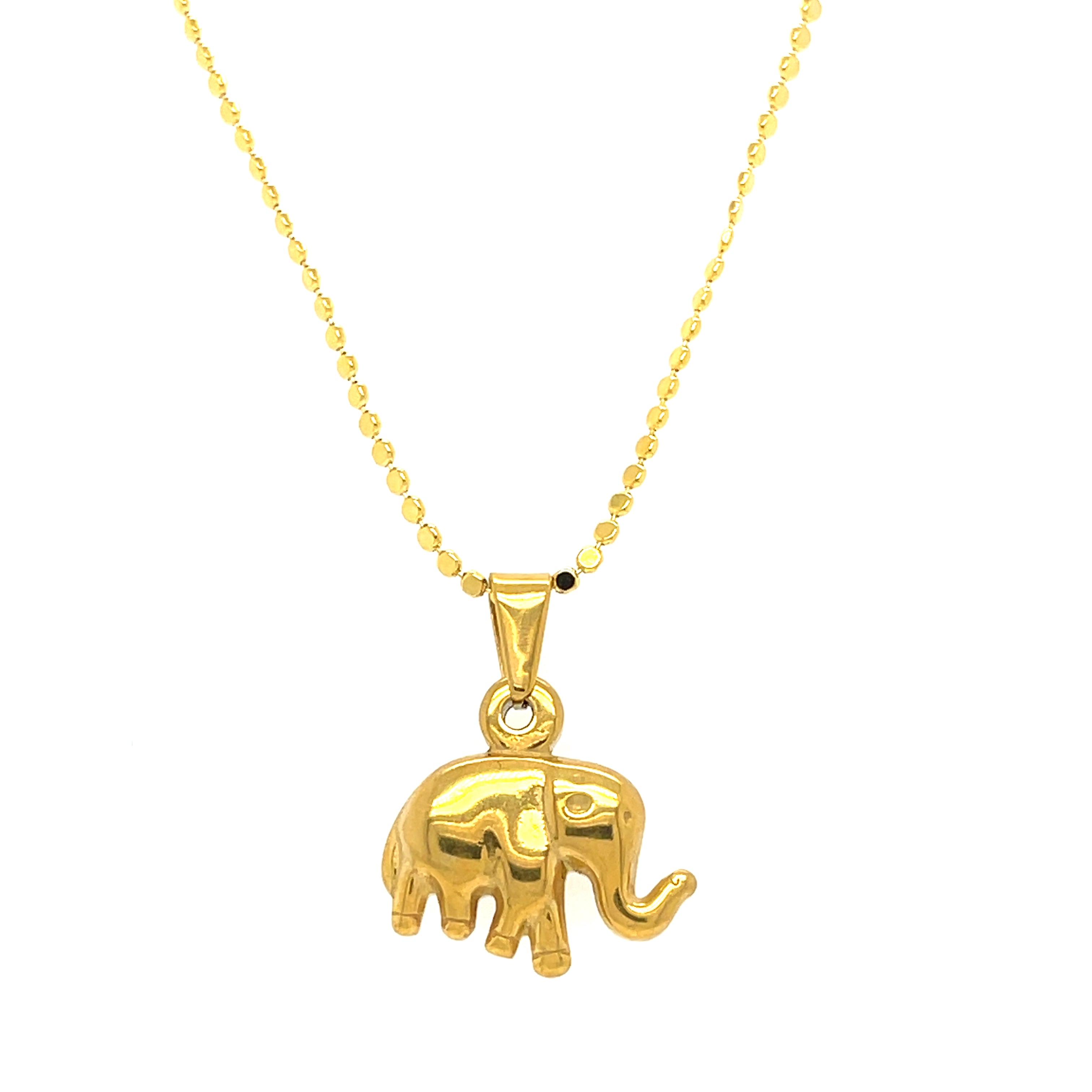 Gold plated elephant charm in stainless steel, measuring 18mm tall and 20mm wide with fine detailing.
A symbolic, durable pendant that fits perfectly on Love, Ellison gold necklaces.