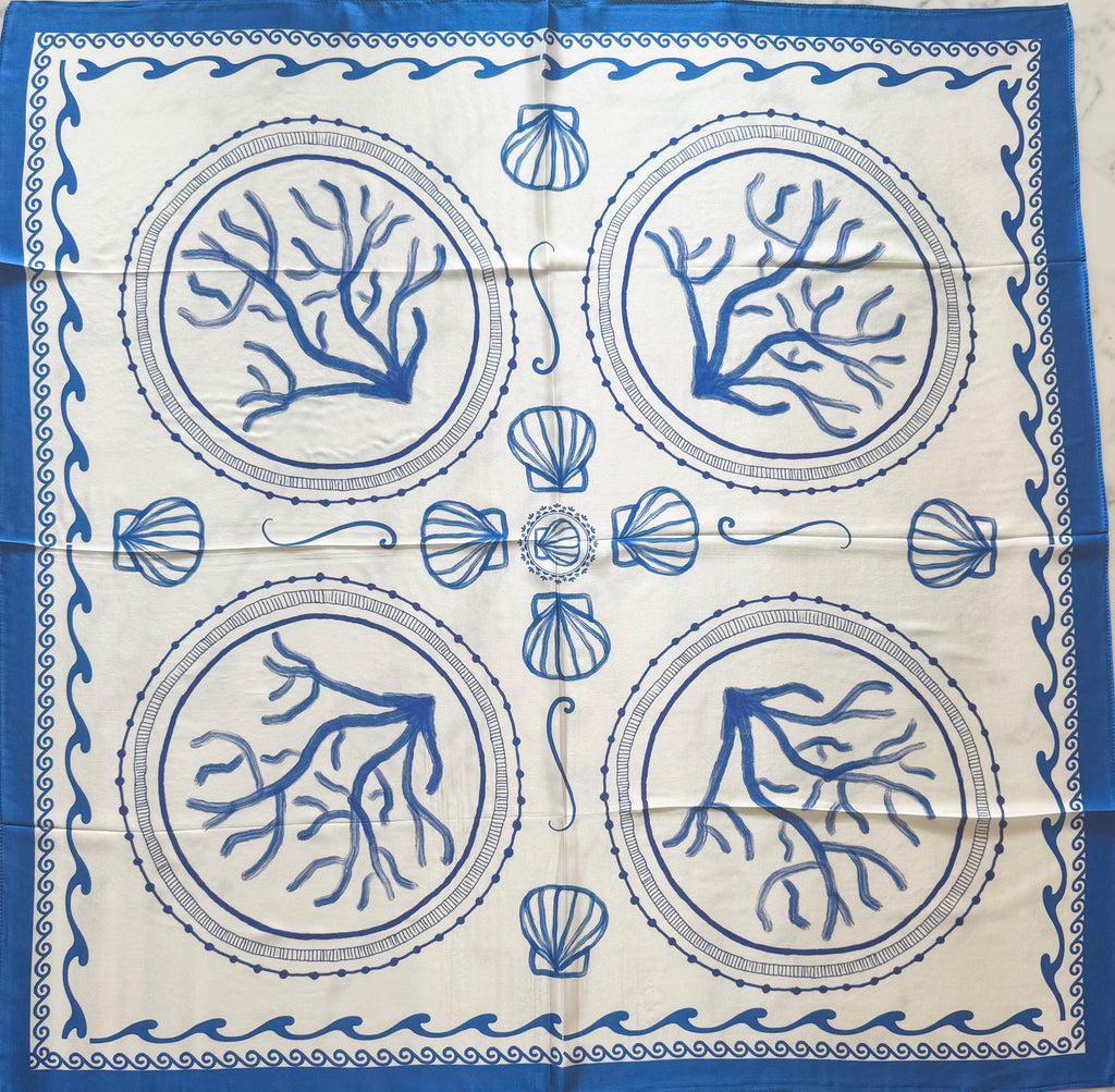 Coastal Drift Scarf, 34x34 inch lightweight blue and white square scarf with seashell and beach-inspired design, breathable summer accessory for coastal style