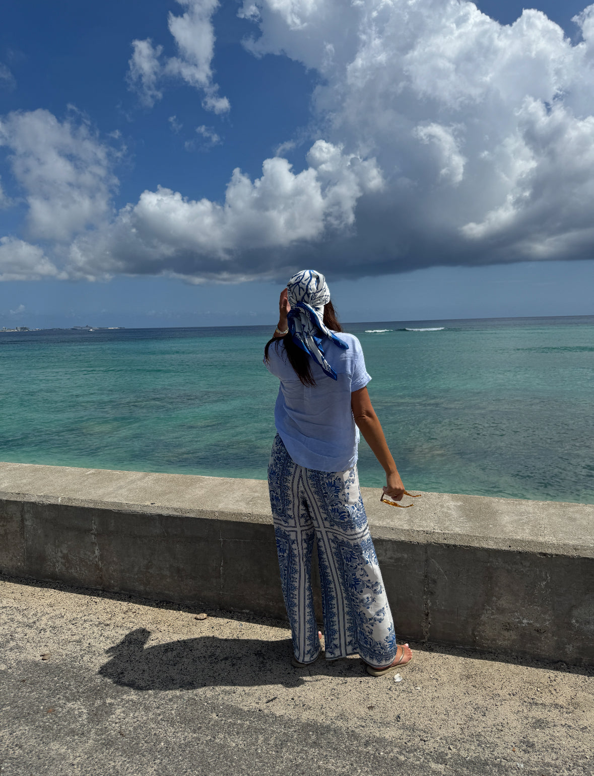 Coastal Drift Scarf, 34x34 inch blue and white square scarf with seashell and ocean-inspired print, lightweight beachy accessory for summer outfits