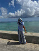 Coastal Drift Scarf, 34x34 inch blue and white square scarf with seashell and ocean-inspired print, lightweight beachy accessory for summer outfits