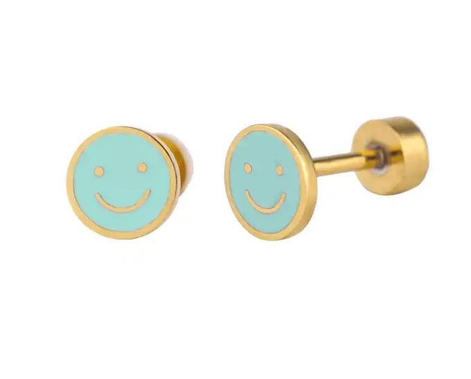 Kids' 0.25 inch smiley face stud earrings in gold plated stainless steel with safety screw backs.
Fun and durable children's jewelry—great for birthdays, gifts, or daily sparkle.