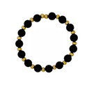A beaded stretch bracelet featuring matte black round beads alternating with small polished gold spacer beads, shown against a plain white background.