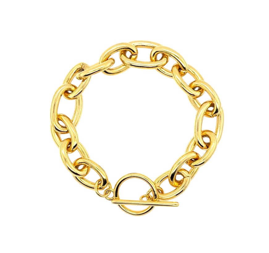 A gold chain bracelet with a toggle clasp, displayed on a clean white background.