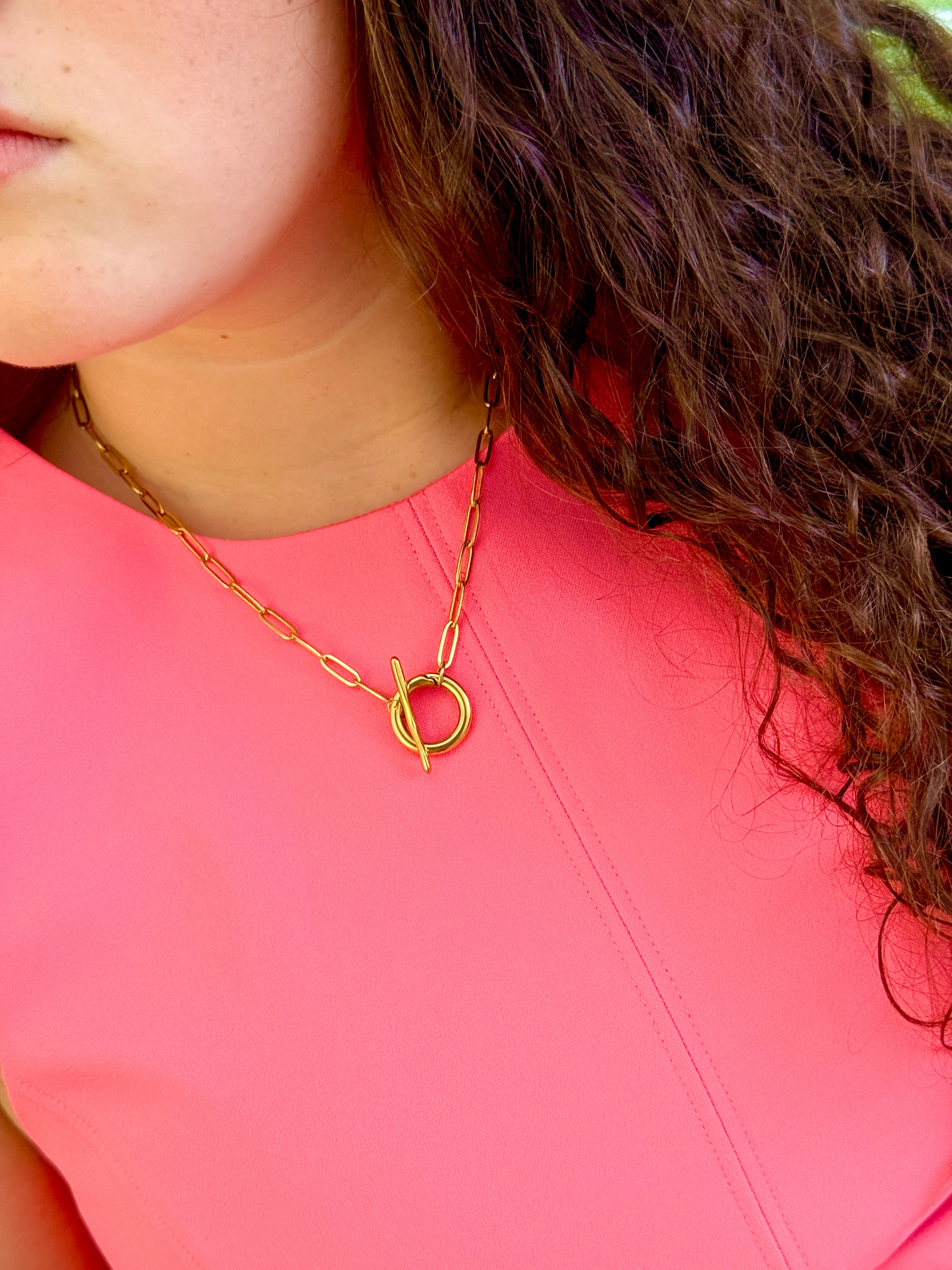 A close-up of a model wearing a gold chain necklace with a toggle ring, paired with a bright pink top.