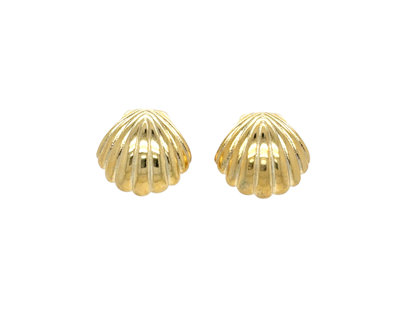 A pair of gold stud earrings shaped like ribbed scallop shells, shown on a plain white background.