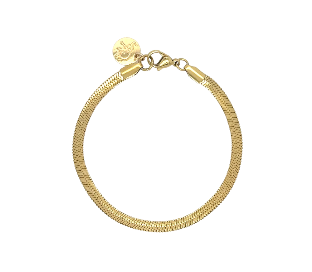 A gold snake chain bracelet with a lobster clasp and a small round charm, shown on a plain white background.