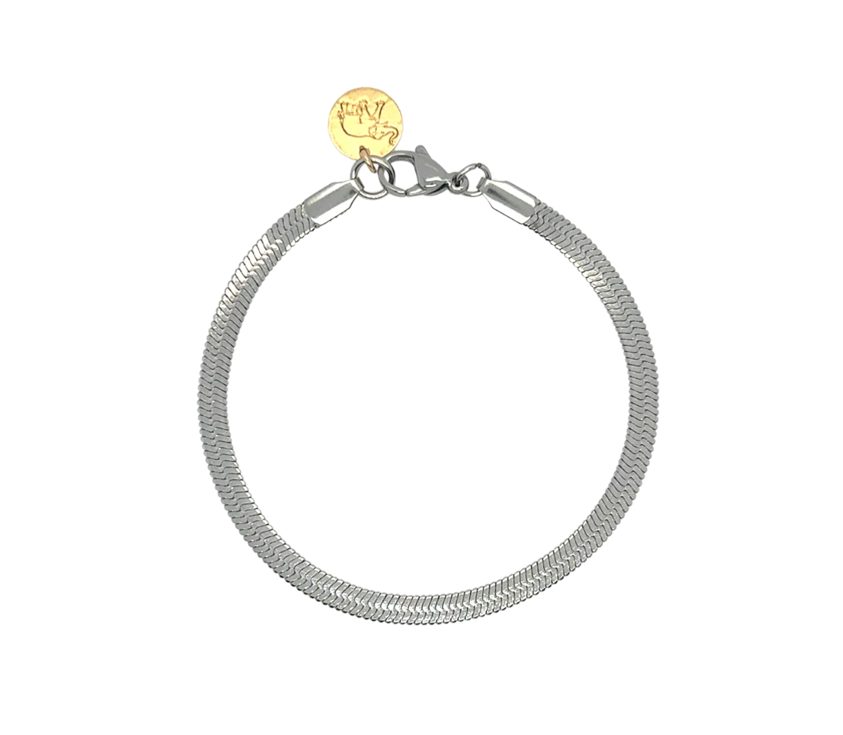 A silver-toned snake chain bracelet with a lobster clasp and a small round gold tag.