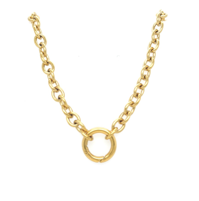 A gold chain necklace featuring a central open circular ring pendant, displayed against a solid white background.